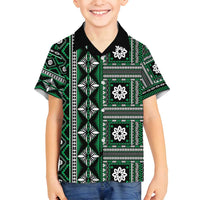 Fiji Masi Tapa Pattern Green Family Matching Off Shoulder Short Dress and Hawaiian Shirt - Polynesian Pride