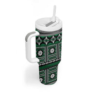 Fiji Masi Tapa Pattern Green Tumbler With Handle - Polynesian Pride