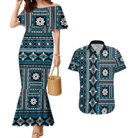 Fiji Masi Tapa Pattern Blue Couples Matching Mermaid Dress and Hawaiian Shirt - Polynesian Pride