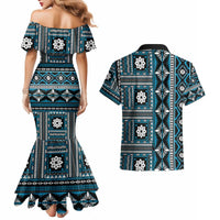 Fiji Masi Tapa Pattern Blue Couples Matching Mermaid Dress and Hawaiian Shirt - Polynesian Pride