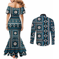 Fiji Masi Tapa Pattern Blue Couples Matching Mermaid Dress and Long Sleeve Button Shirt - Polynesian Pride