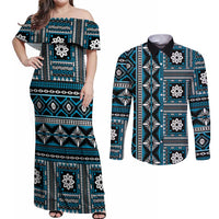 Fiji Masi Tapa Pattern Blue Couples Matching Off Shoulder Maxi Dress and Long Sleeve Button Shirt - Polynesian Pride