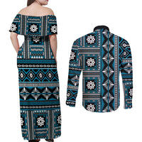 Fiji Masi Tapa Pattern Blue Couples Matching Off Shoulder Maxi Dress and Long Sleeve Button Shirt - Polynesian Pride