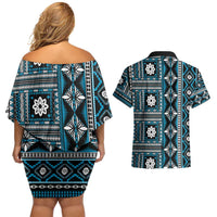 Fiji Masi Tapa Pattern Blue Couples Matching Off Shoulder Short Dress and Hawaiian Shirt - Polynesian Pride