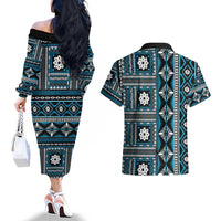 Fiji Masi Tapa Pattern Blue Couples Matching Off The Shoulder Long Sleeve Dress and Hawaiian Shirt - Polynesian Pride