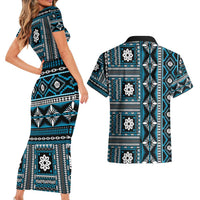 Fiji Masi Tapa Pattern Blue Couples Matching Short Sleeve Bodycon Dress and Hawaiian Shirt - Polynesian Pride