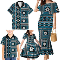 Fiji Masi Tapa Pattern Blue Family Matching Mermaid Dress and Hawaiian Shirt - Polynesian Pride