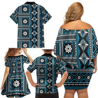 Fiji Masi Tapa Pattern Blue Family Matching Off Shoulder Short Dress and Hawaiian Shirt - Polynesian Pride