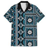 Fiji Masi Tapa Pattern Blue Family Matching Off Shoulder Short Dress and Hawaiian Shirt - Polynesian Pride