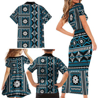 Fiji Masi Tapa Pattern Blue Family Matching Short Sleeve Bodycon Dress and Hawaiian Shirt - Polynesian Pride