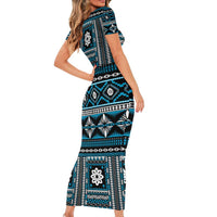Fiji Masi Tapa Pattern Blue Family Matching Short Sleeve Bodycon Dress and Hawaiian Shirt - Polynesian Pride