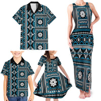 Fiji Masi Tapa Pattern Blue Family Matching Tank Maxi Dress and Hawaiian Shirt - Polynesian Pride
