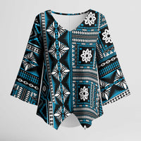 Fiji Masi Tapa Pattern Blue Kimono Sleeve Blouse - Polynesian Pride