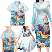 Hawaii Flamingo Family Matching Long Sleeve Bodycon Dress and Hawaiian Shirt Plumeria Tropical Beach LT01 - Polynesian Pride