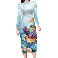 Hawaii Flamingo Family Matching Long Sleeve Bodycon Dress and Hawaiian Shirt Plumeria Tropical Beach LT01 Mom's Dress Blue - Polynesian Pride