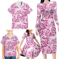 Pink Ribbon Hibiscus Tropical Pattern Family Matching Long Sleeve Bodycon Dress and Hawaiian Shirt Breast Cancer LT01 - Polynesian Pride