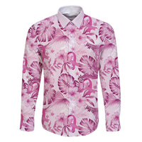 Pink Ribbon Hibiscus Tropical Pattern Family Matching Long Sleeve Bodycon Dress and Hawaiian Shirt Breast Cancer LT01 Dad's Shirt - Long Sleeve Pink - Polynesian Pride