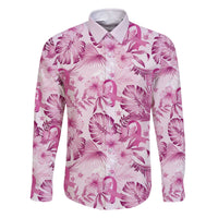 Pink Ribbon Hibiscus Tropical Pattern Family Matching Off Shoulder Short Dress and Hawaiian Shirt Breast Cancer