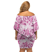 Pink Ribbon Hibiscus Tropical Pattern Family Matching Off Shoulder Short Dress and Hawaiian Shirt Breast Cancer