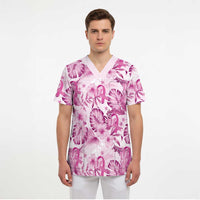 Pink Ribbon Hibiscus Tropical Pattern Scrub Top Breast Cancer - Polynesian Pride