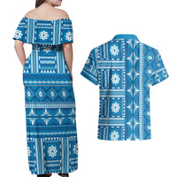 Fiji Masi All Blue Couples Matching Off Shoulder Maxi Dress and Hawaiian Shirt Tapa Pattern - Polynesian Pride