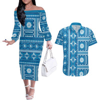 Fiji Masi All Blue Couples Matching Off The Shoulder Long Sleeve Dress and Hawaiian Shirt Tapa Pattern - Polynesian Pride