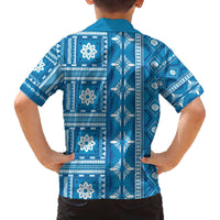 Fiji Masi All Blue Family Matching Off The Shoulder Long Sleeve Dress and Hawaiian Shirt Tapa Pattern - Polynesian Pride