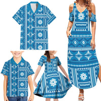 Fiji Masi All Blue Family Matching Summer Maxi Dress and Hawaiian Shirt Tapa Pattern - Polynesian Pride