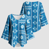 Fiji Masi All Blue Kimono Sleeve Blouse Tapa Pattern - Polynesian Pride