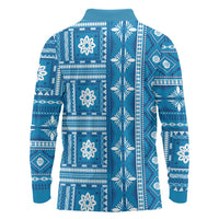 Fiji Masi All Blue Long Sleeve Polo Shirt Tapa Pattern - Polynesian Pride