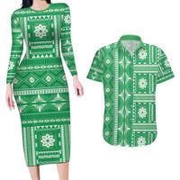 Fiji Masi All Green Couples Matching Long Sleeve Bodycon Dress and Hawaiian Shirt Tapa Pattern - Polynesian Pride