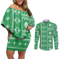 Fiji Masi All Green Couples Matching Off Shoulder Short Dress and Long Sleeve Button Shirt Tapa Pattern - Polynesian Pride