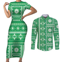 Fiji Masi All Green Couples Matching Short Sleeve Bodycon Dress and Long Sleeve Button Shirt Tapa Pattern - Polynesian Pride
