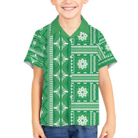 Fiji Masi All Green Family Matching Off The Shoulder Long Sleeve Dress and Hawaiian Shirt Tapa Pattern - Polynesian Pride