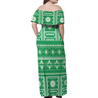 Fiji Masi All Green Family Matching Off Shoulder Maxi Dress and Hawaiian Shirt Tapa Pattern - Polynesian Pride