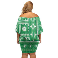 Fiji Masi All Green Family Matching Off Shoulder Short Dress and Hawaiian Shirt Tapa Pattern - Polynesian Pride