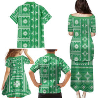 Fiji Masi All Green Family Matching Puletasi and Hawaiian Shirt Tapa Pattern - Polynesian Pride