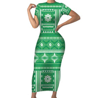 Fiji Masi All Green Family Matching Short Sleeve Bodycon Dress and Hawaiian Shirt Tapa Pattern - Polynesian Pride
