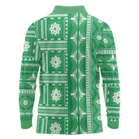 Fiji Masi All Green Long Sleeve Polo Shirt Tapa Pattern - Polynesian Pride