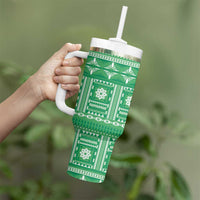 Fiji Masi All Green Tumbler With Handle Tapa Pattern - Polynesian Pride