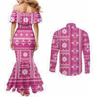 Fiji Masi All Pink Couples Matching Mermaid Dress and Long Sleeve Button Shirt Tapa Pattern - Polynesian Pride
