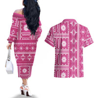 Fiji Masi All Pink Couples Matching Off The Shoulder Long Sleeve Dress and Hawaiian Shirt Tapa Pattern - Polynesian Pride