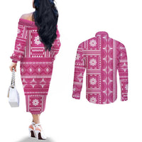 Fiji Masi All Pink Couples Matching Off The Shoulder Long Sleeve Dress and Long Sleeve Button Shirt Tapa Pattern - Polynesian Pride