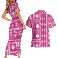 Fiji Masi All Pink Couples Matching Short Sleeve Bodycon Dress and Hawaiian Shirt Tapa Pattern - Polynesian Pride