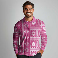 Fiji Masi All Pink Long Sleeve Polo Shirt Tapa Pattern - Polynesian Pride