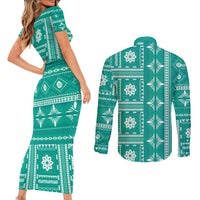 Fiji Masi All Teal Couples Matching Short Sleeve Bodycon Dress and Long Sleeve Button Shirt Tapa Pattern - Polynesian Pride