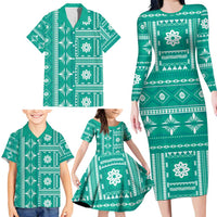 Fiji Masi All Teal Family Matching Long Sleeve Bodycon Dress and Hawaiian Shirt Tapa Pattern - Polynesian Pride