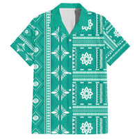Fiji Masi All Teal Family Matching Off The Shoulder Long Sleeve Dress and Hawaiian Shirt Tapa Pattern - Polynesian Pride