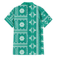 Fiji Masi All Teal Family Matching Off Shoulder Maxi Dress and Hawaiian Shirt Tapa Pattern - Polynesian Pride