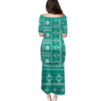Fiji Masi All Teal Family Matching Puletasi and Hawaiian Shirt Tapa Pattern - Polynesian Pride